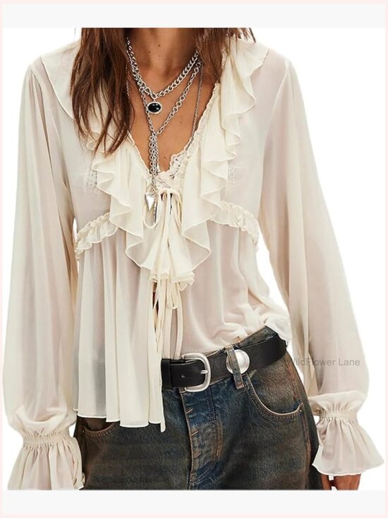 Tops - Sheer Long Sleeve V Neck Peplum Blouse Tie Front Ruffle Top